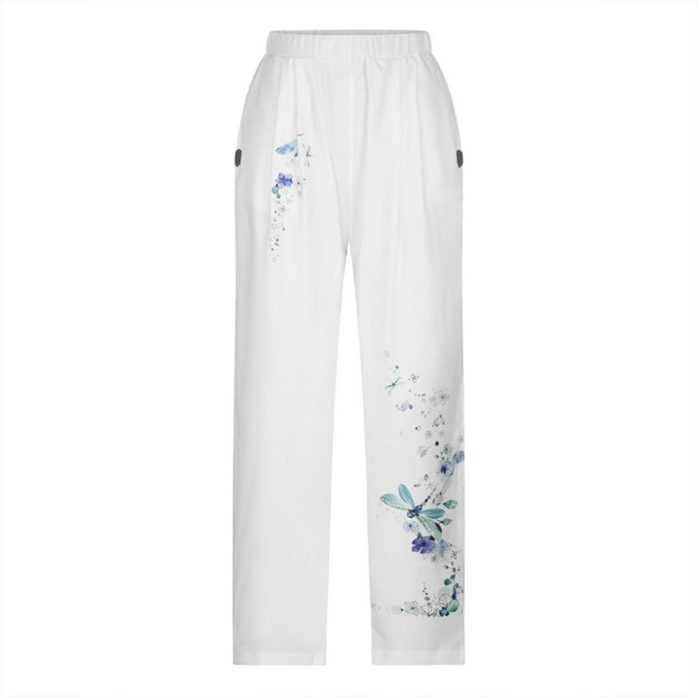 NWOT White Pants with Blue Floral and Dragonfly Design with Elastic Waistband